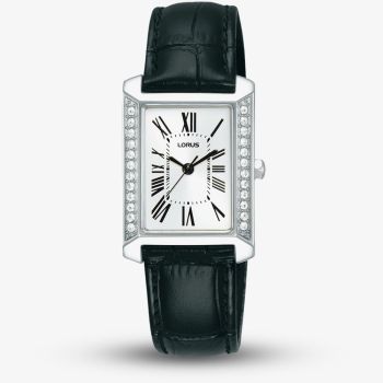 Lorus Ladies Rectangular White Dial Leather Strap Watch RG241YX9