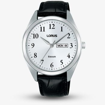 Lorus Mens White Dial Day Date Black Leather Strap Watch RJ673AX9