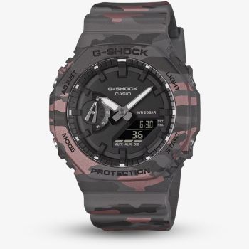 Casio Mens G-Shock 2100 Series Grey &amp; Red Camo Strap Watch GA-2100CM-8AER