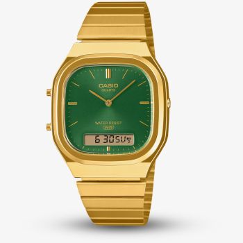 Casio Unisex Square Green Dual Display Dial Golden Bracelet Watch AQ-240EG-3AEF
