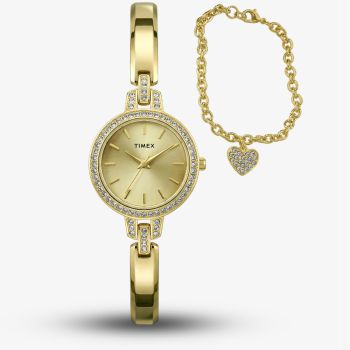 Timex Ladies Aveline Gold Tone Crystal Watch &amp; Heart Bracelet Gift Set TWG067900