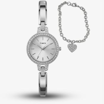 Timex Ladies Aveline Silver Tone Crystal Watch &amp; Heart Bracelet Gift Set TWG067700