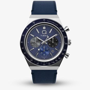 Timex Mens Q Blue Chronograph Dial Leather Strap Watch TW2Y36100