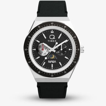 Timex x NASA Mens Q Space Black Leather Strap Watch TW2Y56800