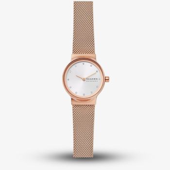 Skagen Ladies Freja Rose Gold Plated Sunray Crystal Set Dial Mesh Strap Watch SKW2665