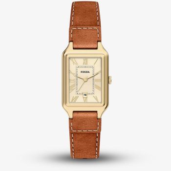 Fossil Ladies Raquel Champagne Rectangle Dial Leather Strap Watch ES5504