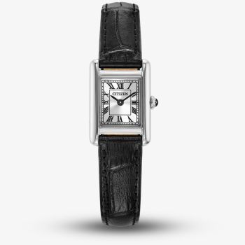 Citizen Ladies Fio Roma Eco-Drive Silver Rectangular Dial Black Leather Strap Watch EG2790-12A