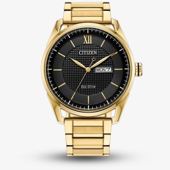 Citizen Mens Eco-Drive Gold Plated Black Dial Watch AW0089-52E