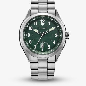 Citizen Mens Eco-Drive Terra Force Green Dial Stainless Steel Bracelet Watch AW1890-51X