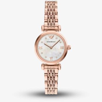 Emporio Armani Ladies Gianni White Mother Of Pearl Dial Rose Gold Tone Bracelet Watch AR11805
