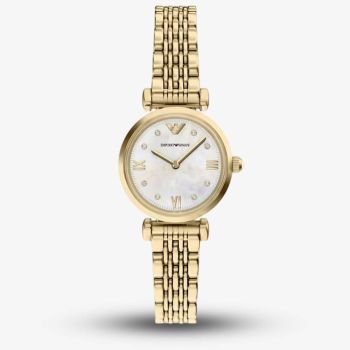 Emporio Armani Ladies Gianni White Mother Of Pearl Dial Gold Tone Bracelet Watch AR11806