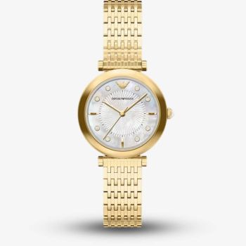 Emporio Armani Ladies Archelia Silver Mother Of Pearl Dial Gold Tone Bracelet Watch AR11809