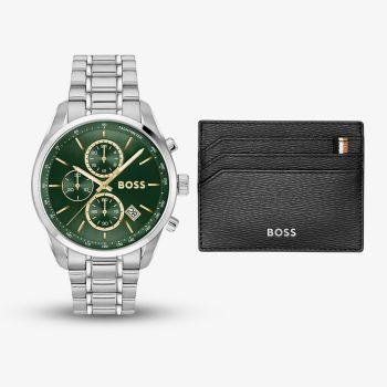 BOSS Mens Grand Prix Green Dial Bracelet Watch &amp; Black Card Holder Gift Set 1570202