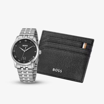 BOSS Mens Principle Black Dial Bracelet Watch &amp; Iconic Black Card Holder Wallet Gift Set 1570204