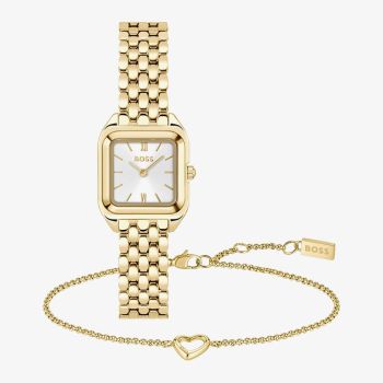 BOSS Ladies Mae Petit Golden Square Bracelet Watch and Open Heart Bracelet Gift Set 1570203