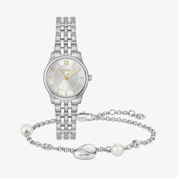 BOSS Ladies Graceful Mina Silver Dial Two Tone Bracelet Watch and Heart Bracelet Gift Set 1570210