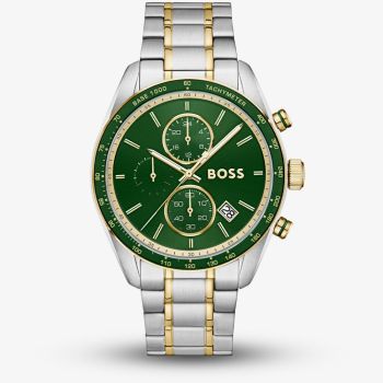 BOSS Mens Grand Prix Two Tone Chronograph Green Dial Bracelet Watch 1514345