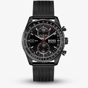 BOSS Mens Skytraveller Chronograph Black Dial Mesh Bracelet Watch 1514348