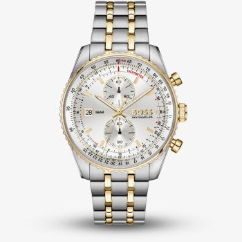 BOSS Mens Skytraveller Two Tone Chronograph Silver Dial Bracelet Watch 1514350