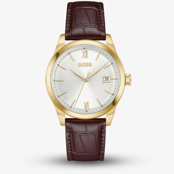 BOSS Mens Langford Silver Dial Leather Strap Watch 1514357