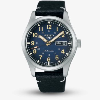 Seiko Mens 5 Sports Blue Dial Leather Strap Watch SRPG39K1