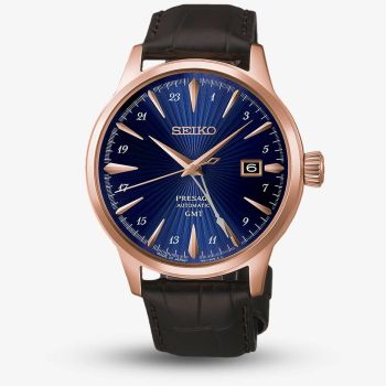 Seiko Mens Presage Cocktail Time &#039;Corcovado&#039; Blue Dial Leather Strap Watch HCB005J1