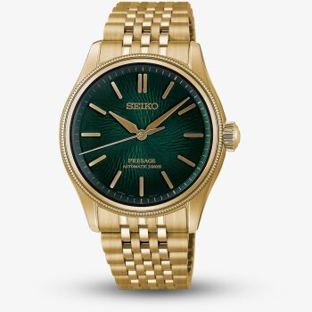 Seiko Mens Limited Edition Presage Classic x Tradman&#039;s Bonsai Matsuba-iro Green Dial Golden Bracelet Watch HCC009J1
