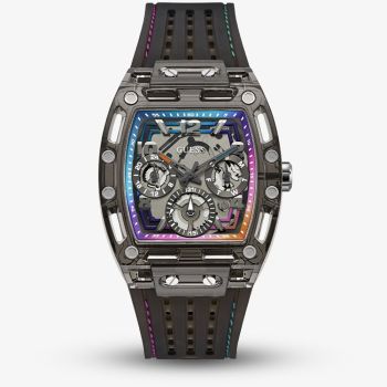 Guess Mens Phoenix Skeleton Dial Black Rubber Strap Watch GW0499G14