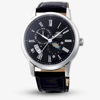 Orient Mens Sun &amp; Moon Black Dial Leather Strap Watch RA-AK0010B