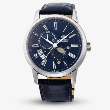 Orient Mens Sun &amp; Moon Navy Blue Dial Leather Strap Watch RA-AK0011D