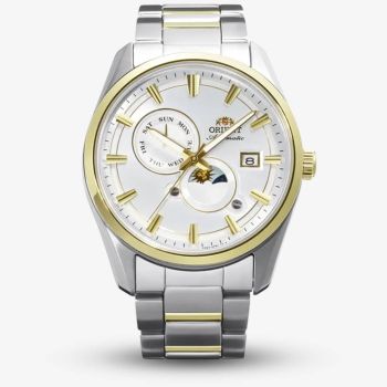 Orient Mens Stretto Sun &amp; Moon White Dial Two Tone Bracelet Watch RA-AK0312S