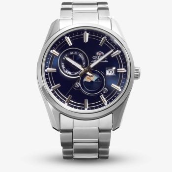 Orient Mens Stretto Sun &amp; Moon Blue Dial Bracelet Watch RA-AK0315L