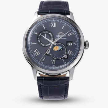 Orient Mens Bambino Sun &amp; Moon Blue Dial Leather Strap Watch RA-AK0806L