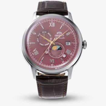 Orient Mens Bambino Sun &amp; Moon Red Dial Leather Strap Watch RA-AK0807R