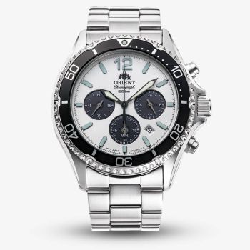 Orient Mens Mako Chronograph Solar White Dial Bracelet Watch RA-TX0203S