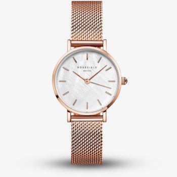 ROSEFIELD Ladies Small Edit White Mother of Pearl Dial Rose Gold Mesh Bracelet Watch 26WR-265