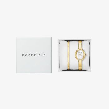 ROSEFIELD Ladies Studio Bangle White Mother of Pearl Golden Bangle Bracelet Watch &amp; Crystal Bangle Gift Set BWGCG-X293