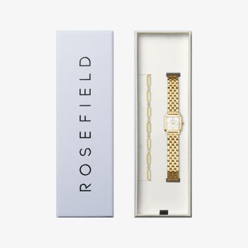 ROSEFIELD Ladies Boxelle White Dial Golden Bracelet Watch &amp; Round Crystals Bracelet Gift Set BWGRC-X283