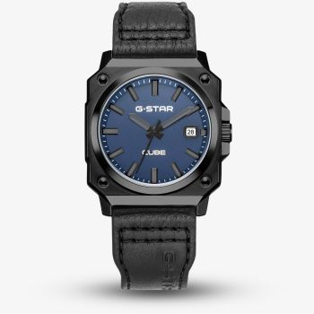 G Star Mens Cube Blue Dial Black Leather Strap Watch GSW.508.03