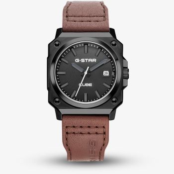 G Star Mens Cube Black Dial Brown Leather Strap Watch GSW.508.04