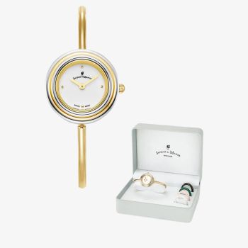 Jacques du Manoir Ladies Aurora White Dial Gold Tone Bracelet Watch &amp; Topring Boxset JWL05401