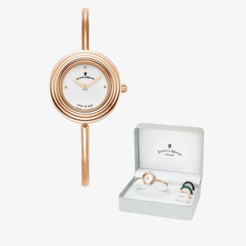 Jacques du Manoir Ladies Aurora White Dial Rose Gold Tone Bracelet Watch &amp; Topring Boxset JWL05402