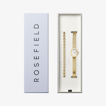 ROSEFIELD Ladies Mini Oval White Mother of Pearl Dial Golden Bracelet Watch &amp; Coffee Bean Bracelet Gift Set MOGCB-X289