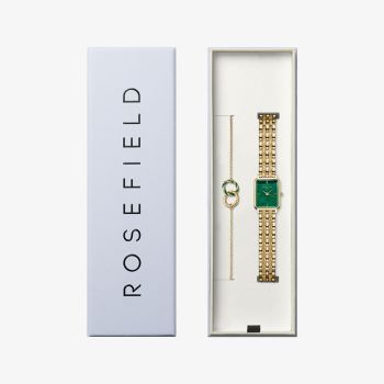 ROSEFIELD Ladies Octagon XS Green Mother of Pearl Dial Golden Bracelet Watch &amp; Emerald Duo Bracelet Gift Set OEGED-X288