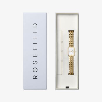 ROSEFIELD Ladies Octagon XS White Dial Golden Bracelet Watch &amp; Three Pave Crystal Heart Bracelet Gift Set OWGHG-X296