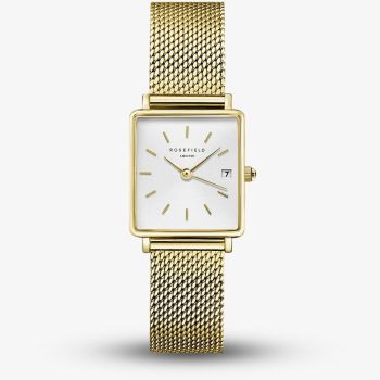 ROSEFIELD Ladies Boxy XS White Dial Golden Mesh Bracelet Watch QMWMG-Q039