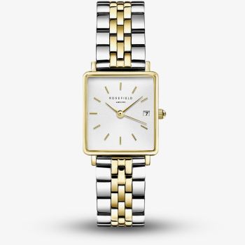 ROSEFIELD Ladies Boxy XS White Dial Two Tone Bracelet Watch QMWSSG-Q023
