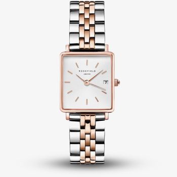 ROSEFIELD Ladies Boxy XS White Dial Two Tone Bracelet Watch QMWSSR-Q024