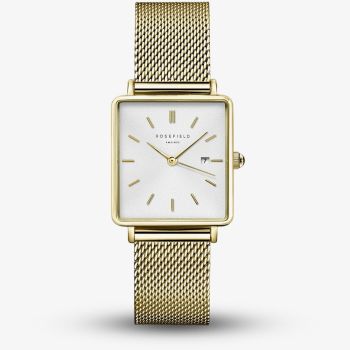 ROSEFIELD Ladies Boxy White Dial Golden Mesh Bracelet Watch QWSG-Q03