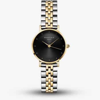 ROSEFIELD Ladies Small Edit Black Dial Two Tone Bracelet Watch SEBDSG-SE04